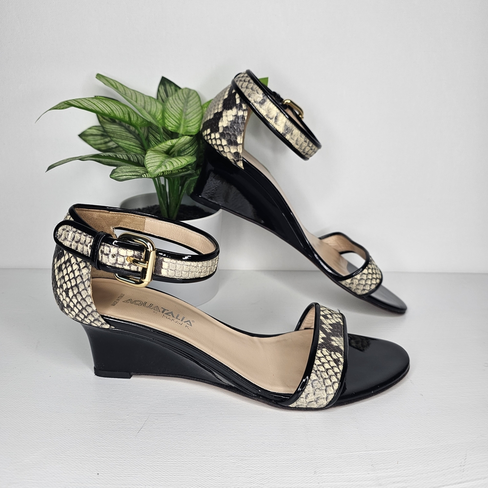 Aquatalia Quenby Wedge Sandals 8 Elegant Black Patent Leather Snakeskin Italian - Picture 3 of 8